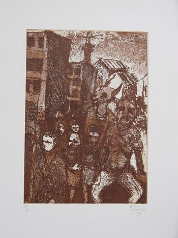 Click the image for a view of: Dumisani Mabaso. Untitled (Horns I). 2009. Etching. 355X490mm